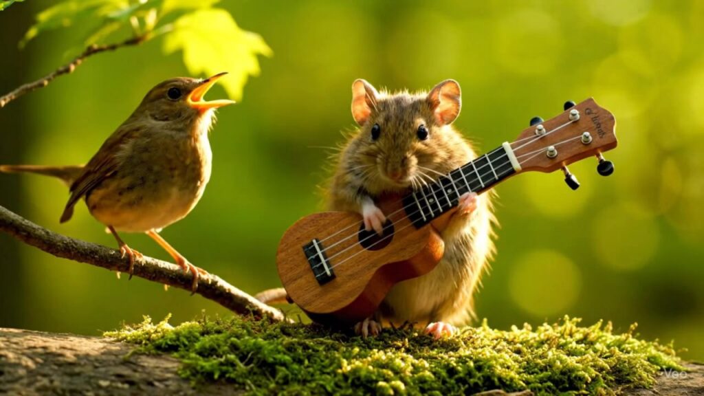 Maskottchen Musikschule Göttingen Klangbunt Kinderwaldmusik: Eine Maus und ein zaunnkönig sitzen zusammen im sonnigen Wald, die Maus spielt Ukulele und der Vogel singt dazu. Musikschule Göttingen Klangbunt Kinderwaldmusik