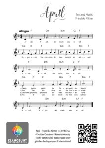Freie Lieder von Klangbunt - Noten für das Lied: "April" von Franziska Näther, Klangbunt Kinderwaldmusik Musikschule Göttingen