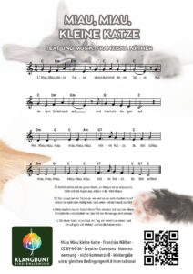 Freie Lieder von Klangbunt - Noten für das Lied: "Miau Miau kleine Katze" von Franziska Näther, Klangbunt Kinderwaldmusik Musikschule Göttingen