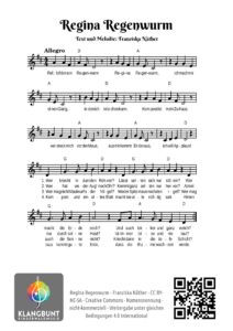 Freie Lieder von Klangbunt - Noten für das Lied: "Regina Regenwurm" von Franziska Näther, Klangbunt Kinderwaldmusik Musikschule Göttingen